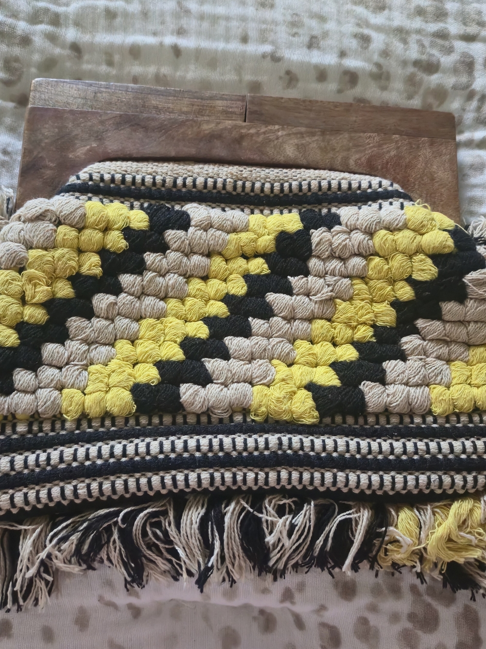 Handwoven Yellow Black Cream Fringe Clutch